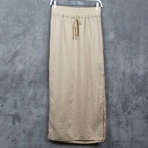 GUESS VTG Y2K Linen Maxi Skirt Beige Drawstring Slit‎ Pull On Preppy Sz S
